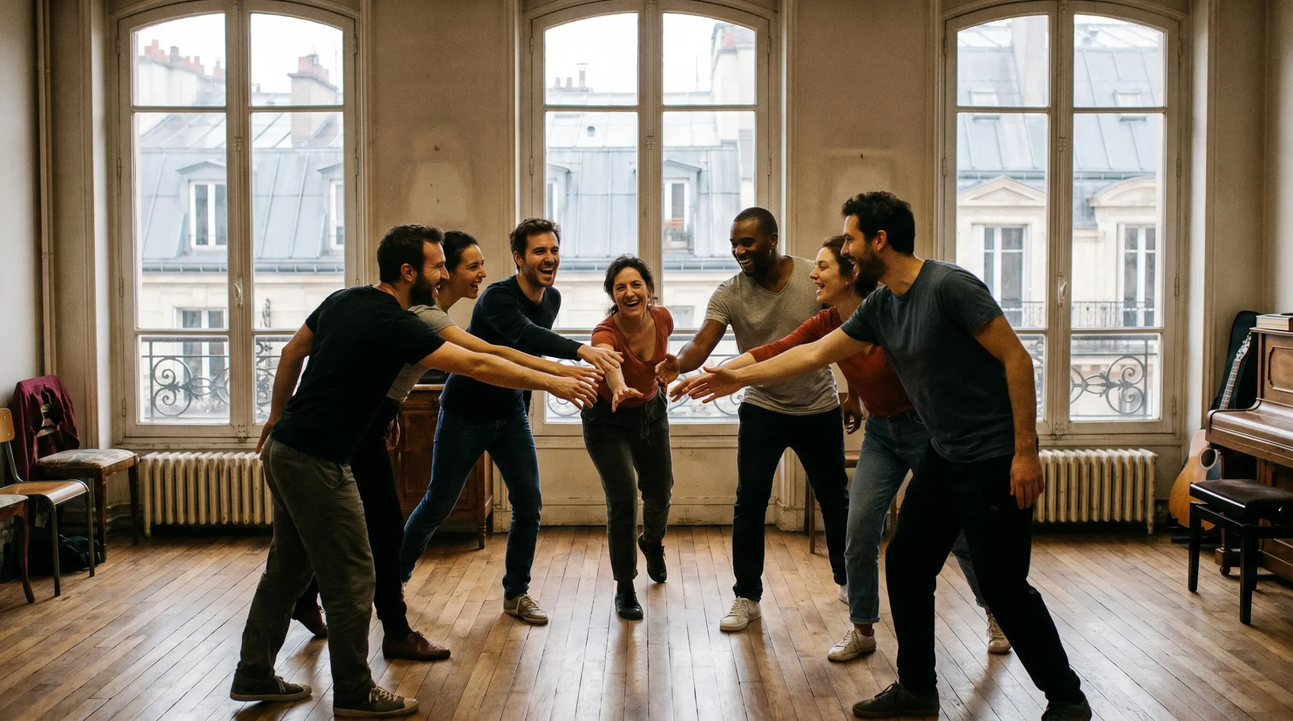 Adultes en cercle lors d'un exercice de voix et de placement corporel dans un atelier théâtre parisien