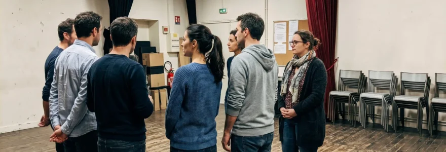 Groupe d'adultes sur une scène de théâtre parisien lors d'une répétition bienveillante