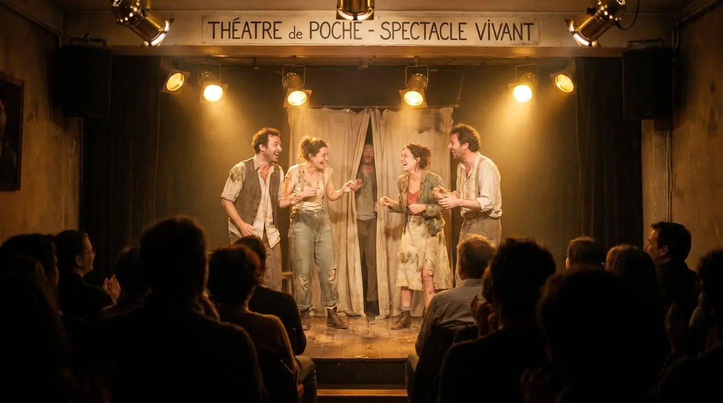 Adultes débutants sur scène lors d'un spectacle de fin d'année dans un théâtre parisien